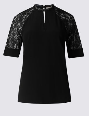 Loose Fit Lace Insert Short Sleeve Blouse